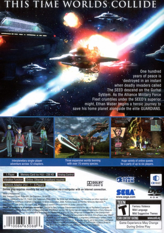 Phantasy Star Universe – PlayStation 2 (PS2) video game back of case, action role-playing game.