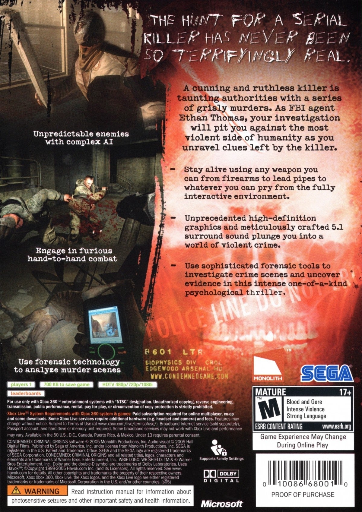 Condemned Criminal Origins for Xbox 360 first person survival horror video game featuring intense psychological terror forensic investigation brutal melee combat and dark atmospheric crime thriller experience back cover art