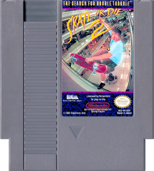 Skate or Die 2 cartridge for the Nintendo Entertainment System featuring 8 bit skateboarding action with downhill racing trick challenges and arcade style competition across urban courses cartridge
