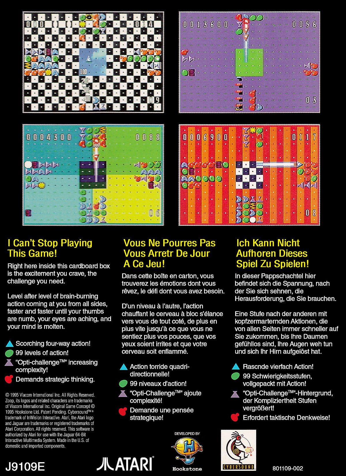 Zoop Atari Jaguar Zoop puzzle game cartridge retro 90s arcade puzzle action color matching fast reflex gameplay classic Jaguar puzzle title gameplay back cover art