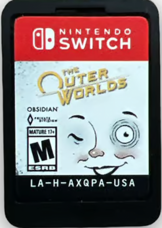 The Outer Worlds Nintendo Switch game featuring sci-fi RPG exploration, player choice, and space adventure gameplay cartridge