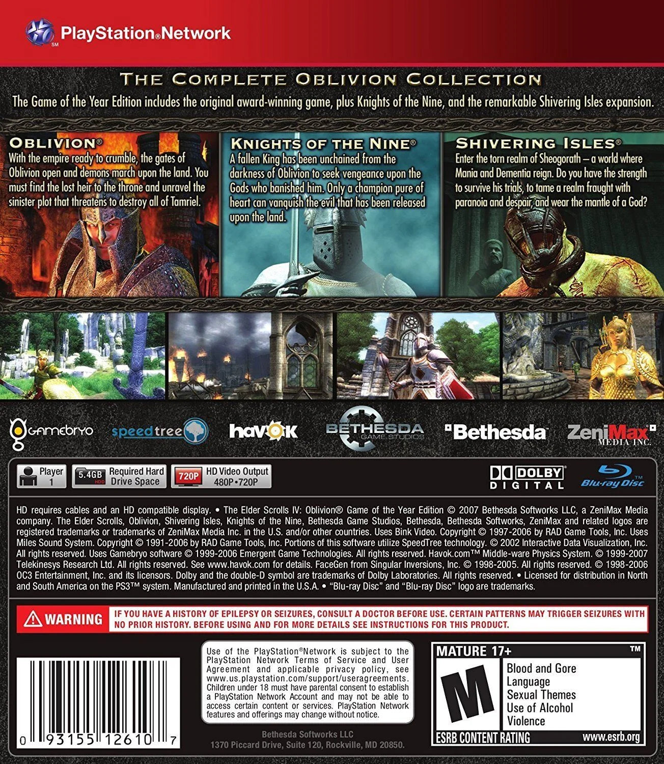 The Elder Scrolls IV: Oblivion Game of the Year Greatest Hits for PlayStation 3 with expanded fantasy RPG content back cover