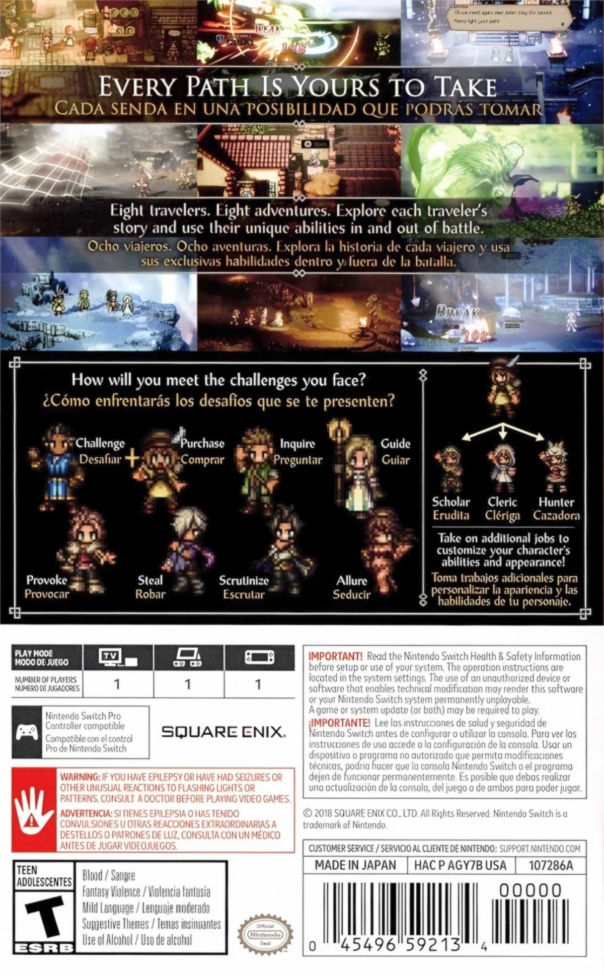Octopath Traveler Nintendo Switch game featuring HD-2D pixel art, turn-based JRPG combat, and an epic fantasy adventure back cover art