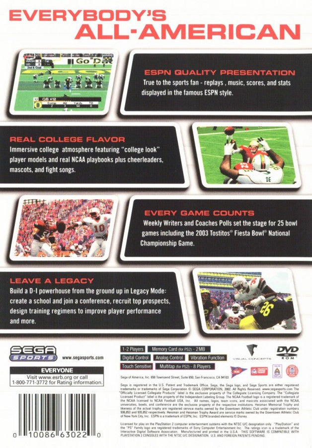 NCAA College Football 2K3 – PlayStation 2 (PS2) college football sports video game back of case
