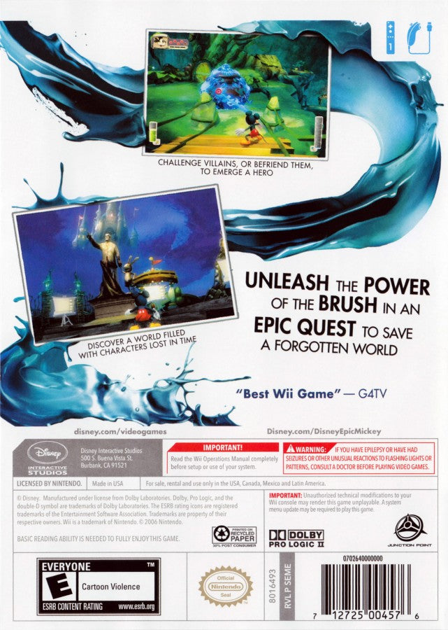 Disney Epic Mickey back cover art for Nintendo Wii (Wii) video game