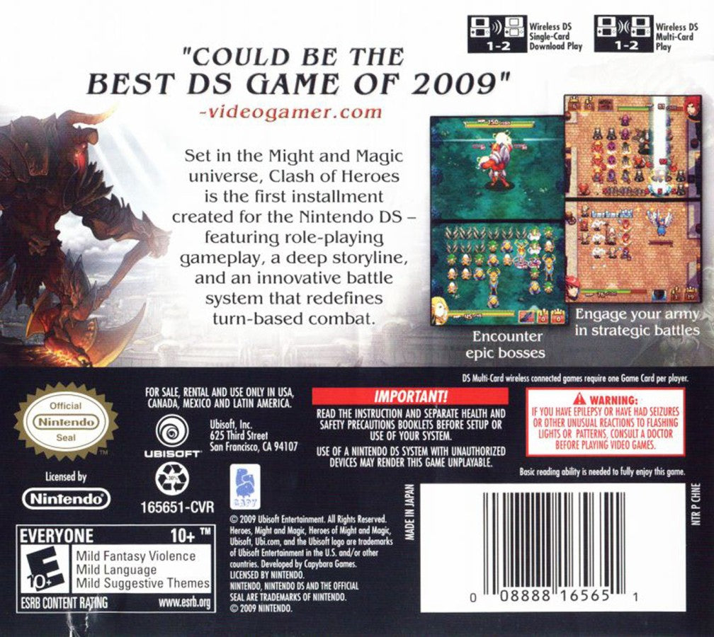 Might and Magic Clash of Heroes Nintendo DS DS video game featuring fantasy puzzle role playing gameplay tactical match three combat strategic unit formations hero abilities magical creatures turn based battles campaign adventure character progression enemy encounters and touchscreen puzzle strategy mechanics classic Nintendo DS handheld gaming retro video game collection collectible gaming appeal back cover