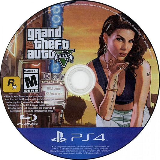 Grand Theft Auto V – PlayStation 4 (PS4) video game disc, open-world action-adventure game by Rockstar Games