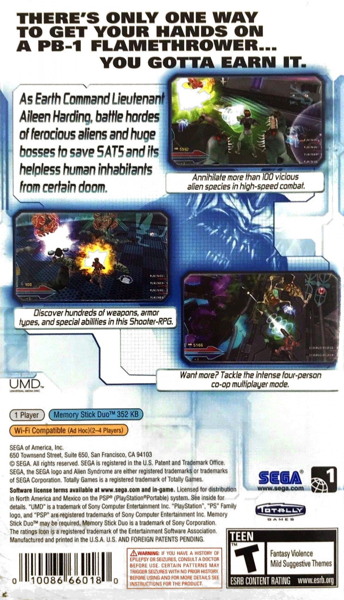 Alien Syndrome PlayStation Portable PSP for action role playing shooter video game fans featuring top down alien combat futuristic sci fi environments cooperative multiplayer character upgrades intense missions powerful weapons arcade inspired gameplay collectible gaming appeal back cover art