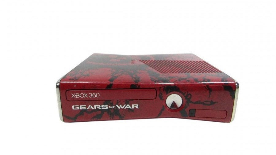 Retro Xbox 360 Gears of War Edition inspired design featuring limited edition Microsoft gaming console aesthetic custom red hardware battle worn graphics iconic sci fi shooter theme collectible HD era gaming system nostalgic console presentation console horizontal