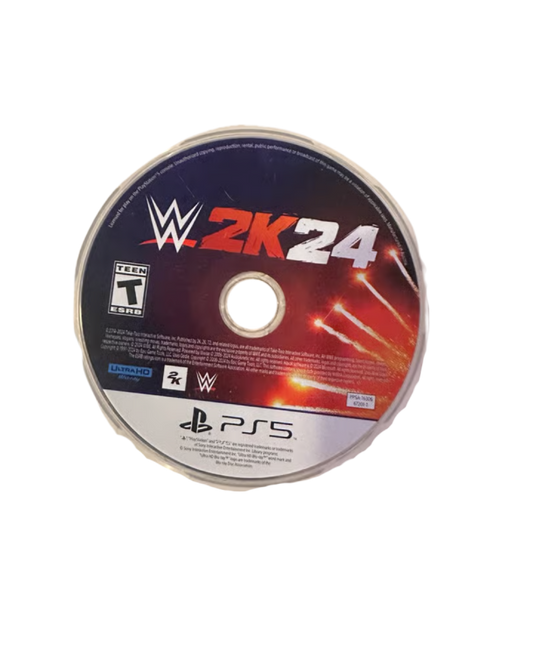 WWE 2K24 Deluxe Edition game disc for PlayStation 5 video game.