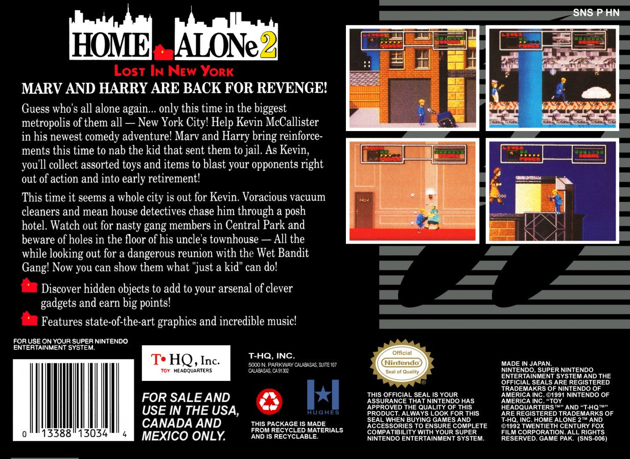 Home Alone 2: Lost in New York for Super Nintendo Entertainment System with platforming adventure based on the movie back cover