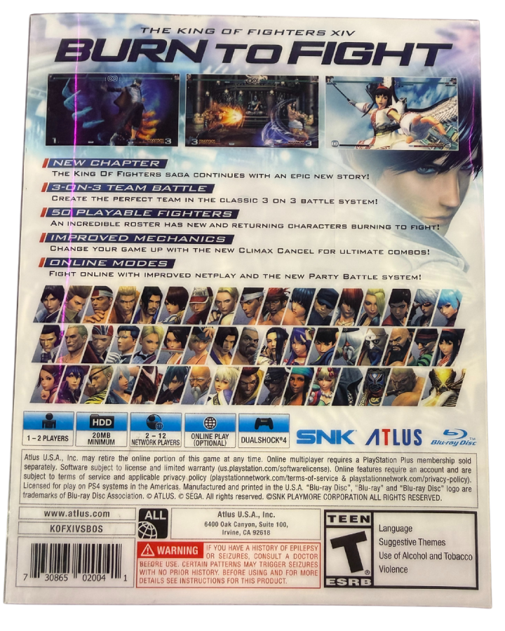 The King of Fighters XIV Steelbook Edition PS4 fighting game featuring team based combat robust roster of classic SNK characters dynamic 3D arenas online multiplayer modes and premium steelbook collectible packaging for Sony PlayStation 4 fans back cover