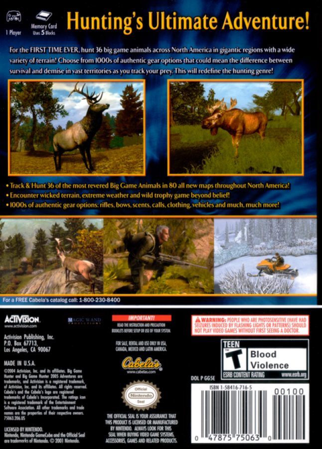 Cabela’s Big Game Hunter 2005 Adventures GameCube game featuring realistic hunting simulation gameplay and outdoor adventure action back cover