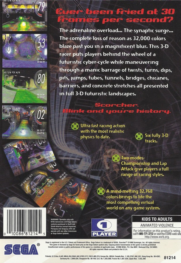 Scorcher Sega Saturn futuristic racing game high speed anti gravity racing tunnel tracks vehicle combat Psygnosis arcade racing sci fi racing gameplay retro Saturn game Sega Saturn software video game title back cover