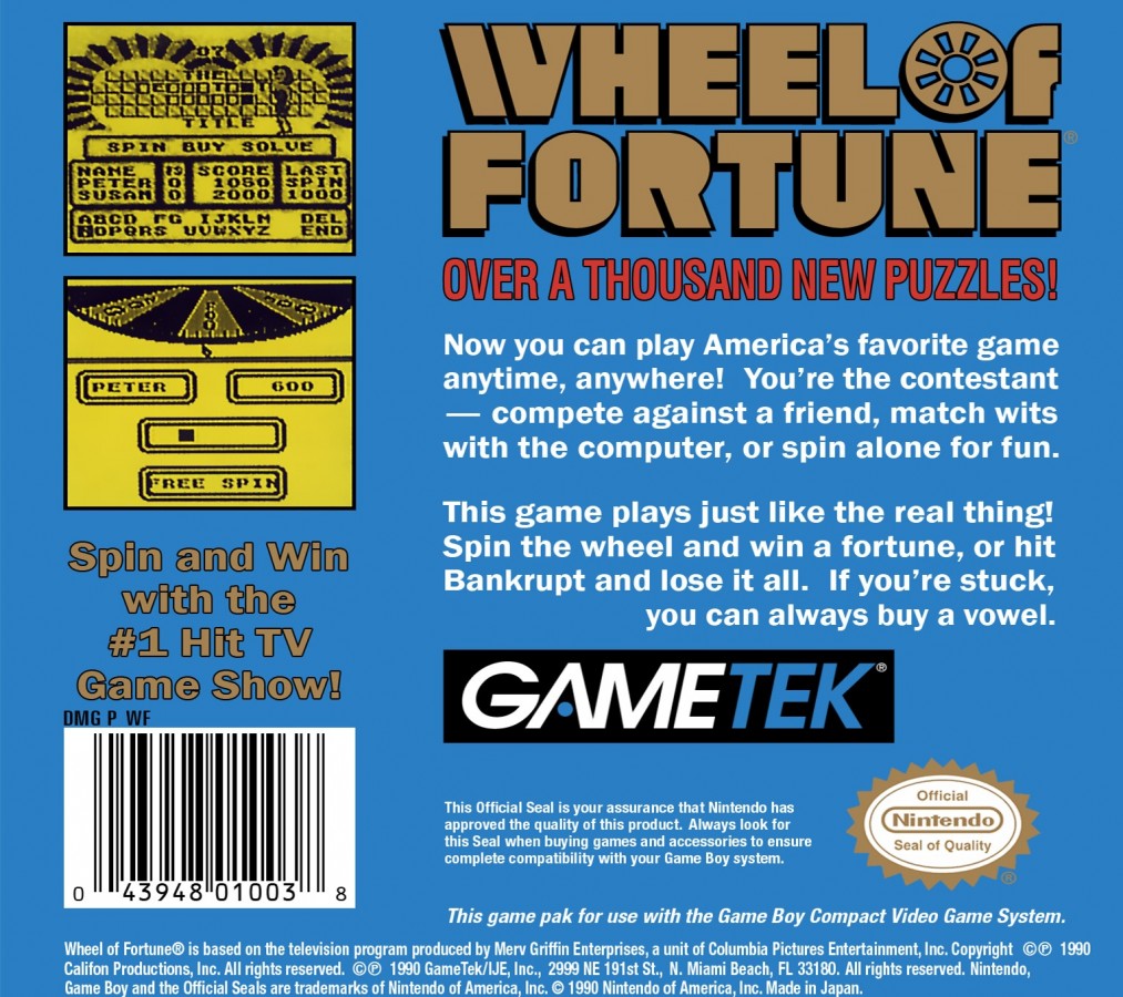 Wheel of Fortune back cover art for Game Boy (GB) video game
