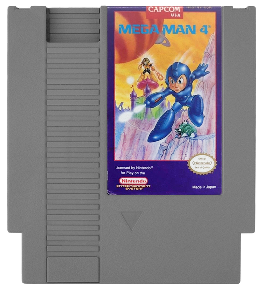 Mega Man 4 cartridge for the Nintendo Entertainment System featuring the classic blue robot hero battling Dr. Wily in a retro 8-bit side-scrolling action platformer cartridge