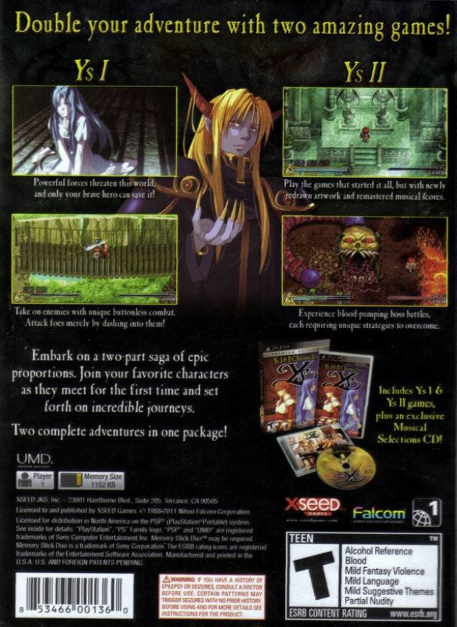 Ys I & II Chronicles back of case for PlayStation Portable (PSP) action role-playing game