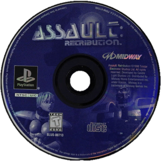 Assault: Retribution PlayStation 1 PS1 for third person shooter retro video game fans featuring futuristic sci fi combat alien enemies powerful weapons intense action cinematic gameplay explosive firefights challenging missions collectible gaming appeal disc