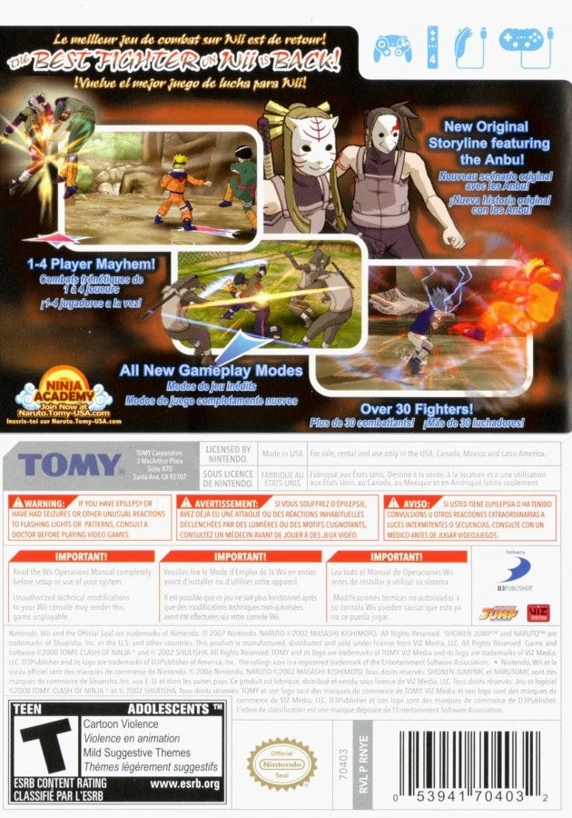 Naruto Clash of Ninja Revolution 2 Wii game featuring fast-paced anime fighting action, motion-enhanced controls, and characters from the Naruto Shippuden series back cover art