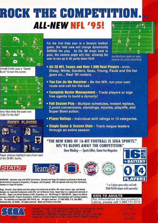 NFL 95 back cover art for Sega Genesis (GEN) video game
