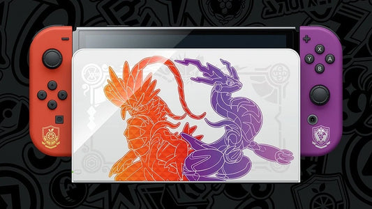 Nintendo Switch OLED Console Pokemon Scarlet and Violet Edition handheld hybrid gaming system with themed dock Joy Con controllers vibrant OLED screen limited edition Pokémon Scarlet and Violet design console set front