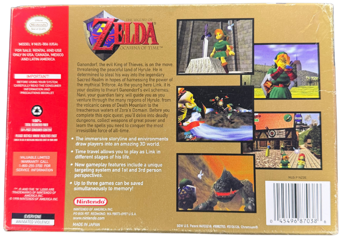 The Legend of Zelda Ocarina of Time Collectors Edition Nintendo 64 N64 gold cartridge action adventure game Link Hyrule classic Zelda series puzzle solving dungeon exploration boss battles Nintendo retro gaming cartridge video game title back of box art