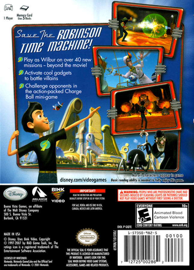 Back cover art for Meet the Robinsons GameCube game featuring family-friendly action adventure gameplay based on the Disney animated film