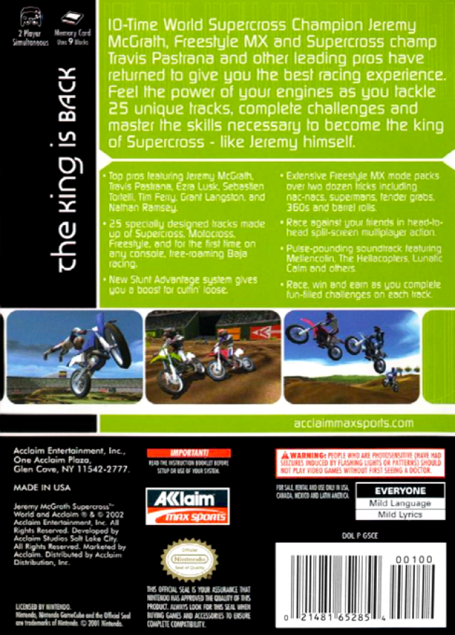 Jeremy McGrath: Supercross World back of case for GameCube (GC) motocross racing video game