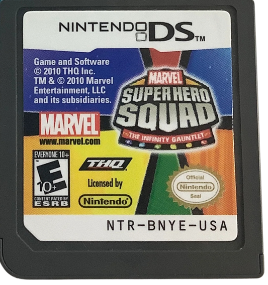 Marvel Super Hero Squad The Infinity Gauntlet for Nintendo DS (DS), cartridge for a retro video game featuring action-adventure gameplay, superhero combat, character-based missions, side-scrolling battles, and comic-inspired story progression