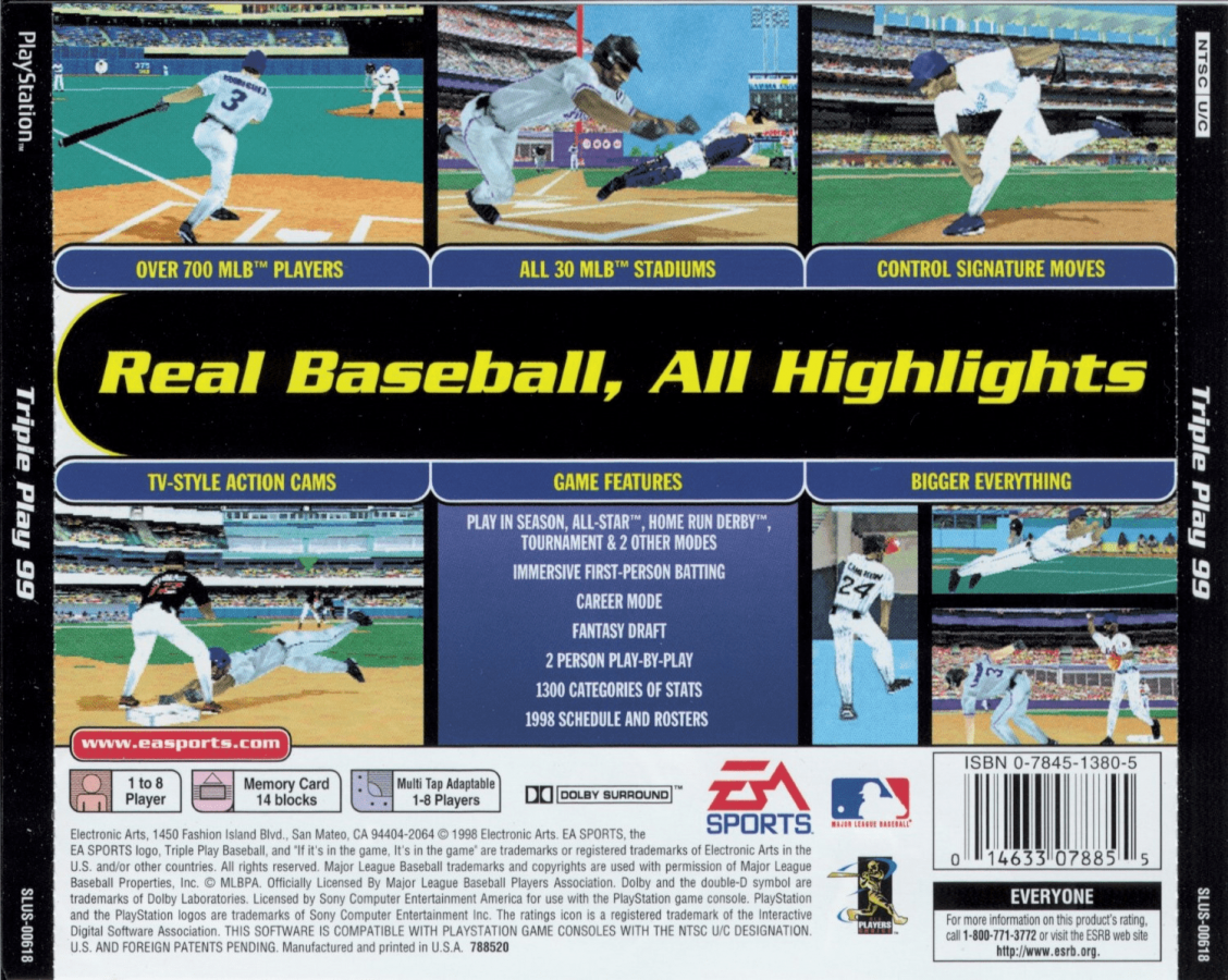 Triple Play 99 back of case for PlayStation 1 (PS1) baseball sports video game
