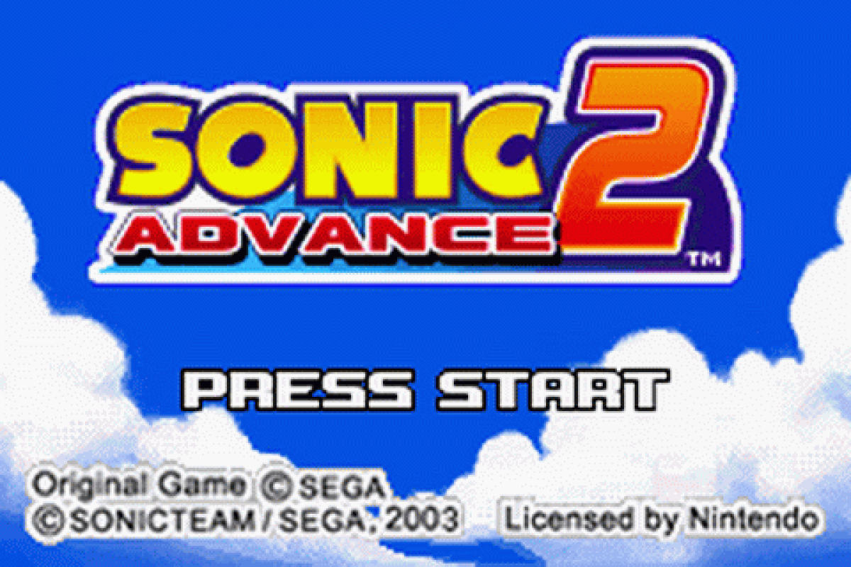 Title screen of Sonic Advance 2 with blue sky and clouds for gameboy advance game