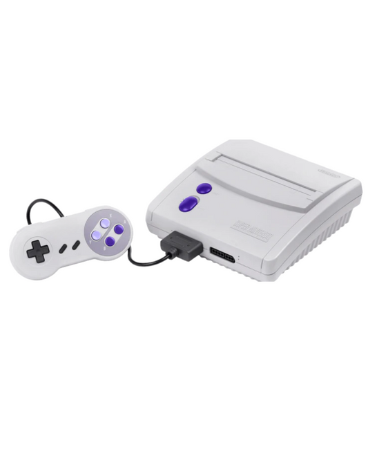 Front view of the Super Nintendo Entertainment System Jr. (SNES Jr.) console with a third-party controller connected to one of the ports.