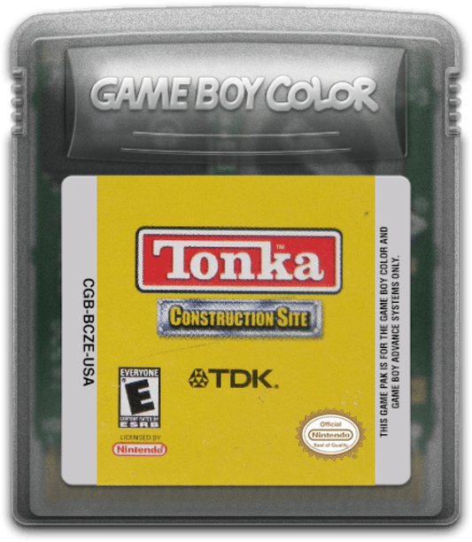 Tonka Construction Site for Game Boy Color, cartridge for a simulation video game with construction vehicle gameplay, mini-games, task-based challenges, and family-friendly activities