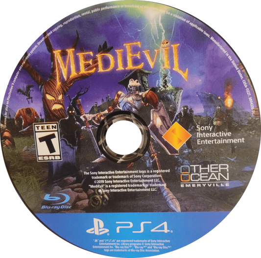 MediEvil game for the PlayStation 4 featuring action adventure gameplay with hack and slash combat puzzle solving and a gothic fantasy setting as Sir Daniel Fortesque battles undead enemies in a remade version of the classic PlayStation title disc