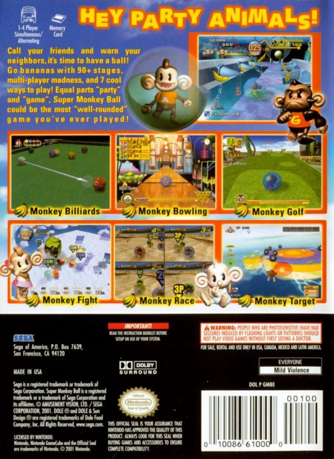 Super Monkey Ball GameCube GC video game, arcade puzzle platformer, ball-rolling adventure, multiplayer, family-friendly, Nintendo GameCube classic back cover art