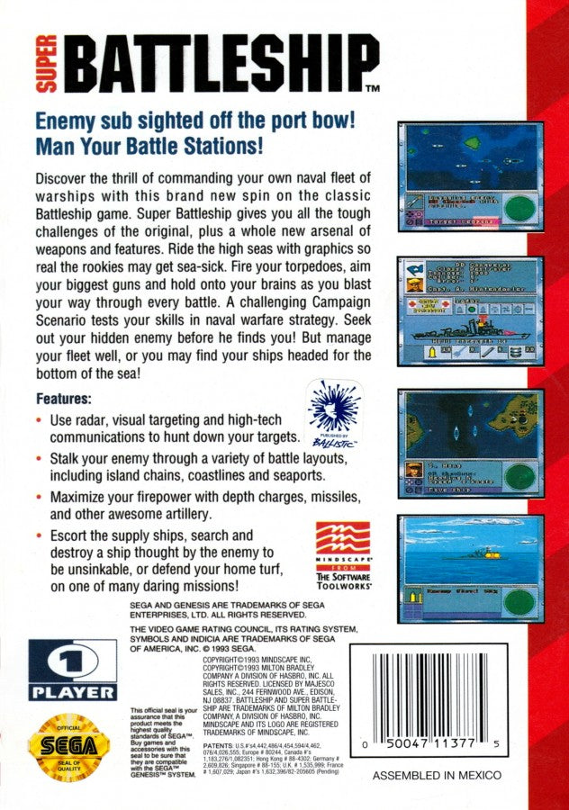 Super Battleship back cover art for Sega Genesis (GEN) video game