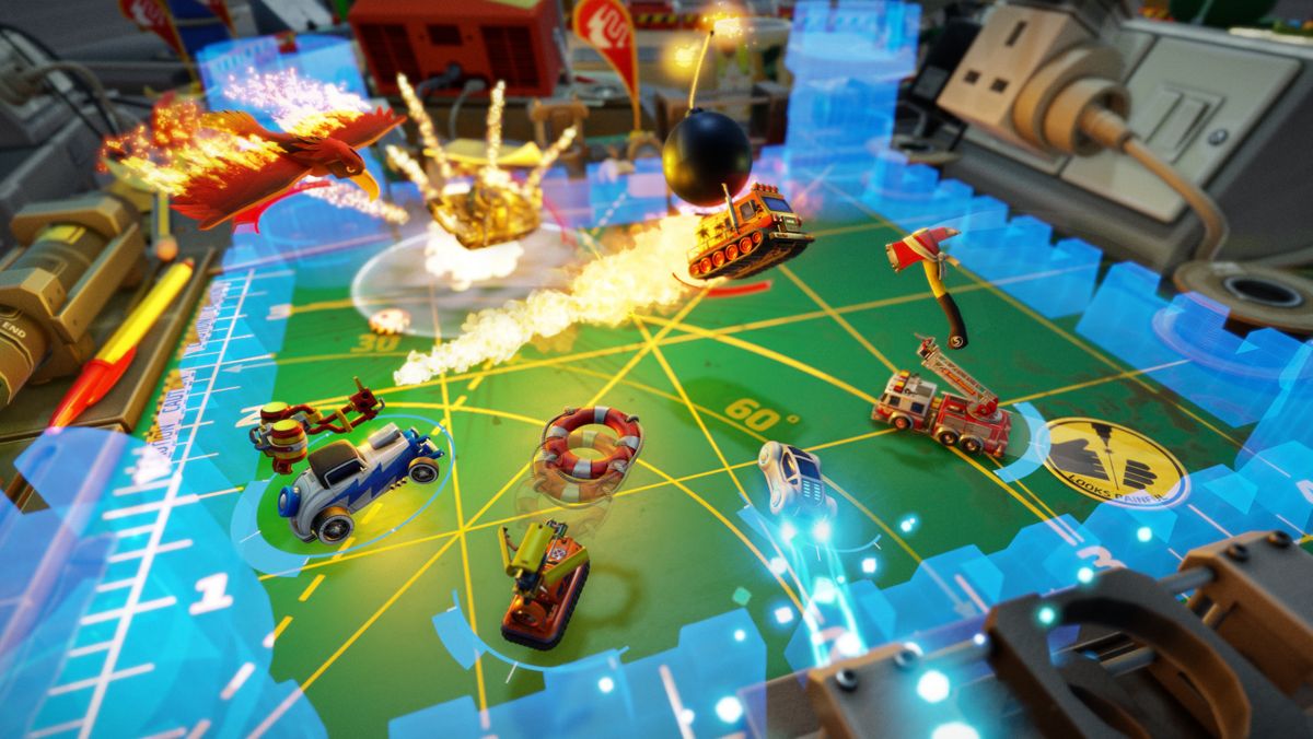 Micro Machines World Series PlayStation 4 PS4 arcade racing video game miniature vehicles household environments kitchen table garden workshop multiplayer chaos up to 12 players online four player local split-screen unique vehicle abilities special weapons power-ups Hasbro integration NERF blasters G.I. JOE tank Battle Mode arenas Capture the Flag King of the Hill mode gameplay