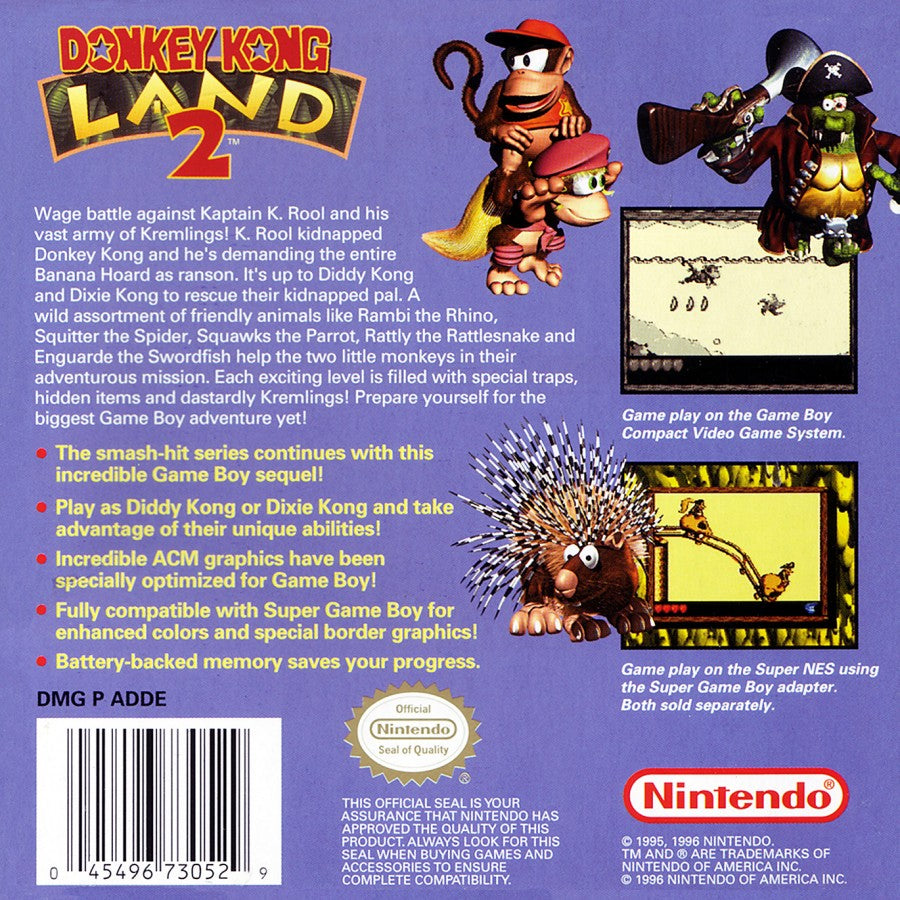 Donkey Kong Land 2 back cover art for Game Boy (GB) video game