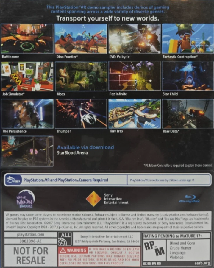 PlayStation VR Demo Disc 2.0 – PlayStation 4 (PS4) video game back of case, virtual reality demo compilation.