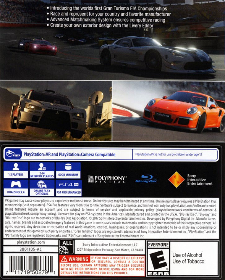 Gran Turismo: Sport – PlayStation 4 (PS4) video game back of case, realistic racing simulation by Polyphony Digital and Sony Interactive Entertainment