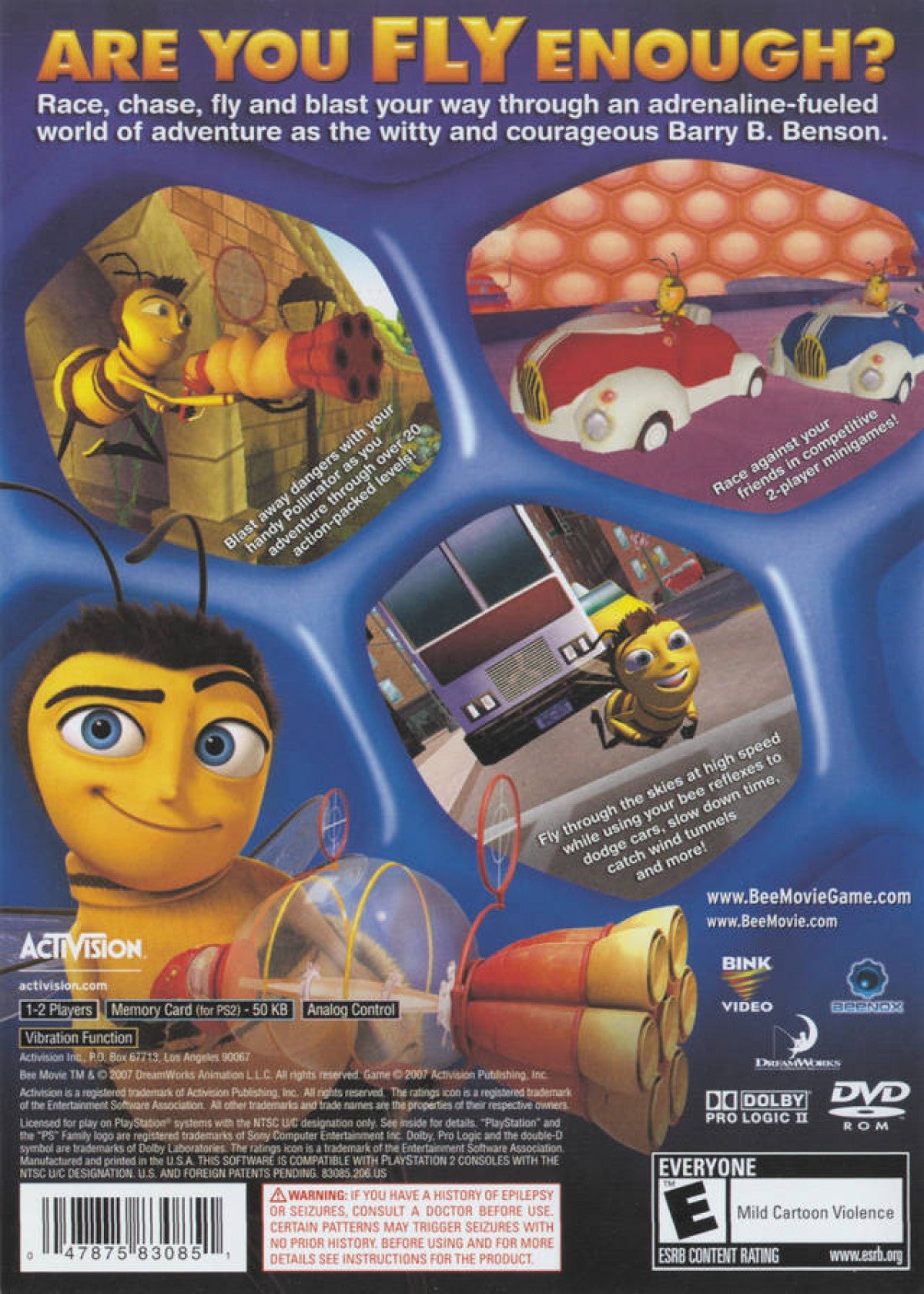 Bee Movie Game for PlayStation 2 with family-friendly adventure and movie-based theme back cover art