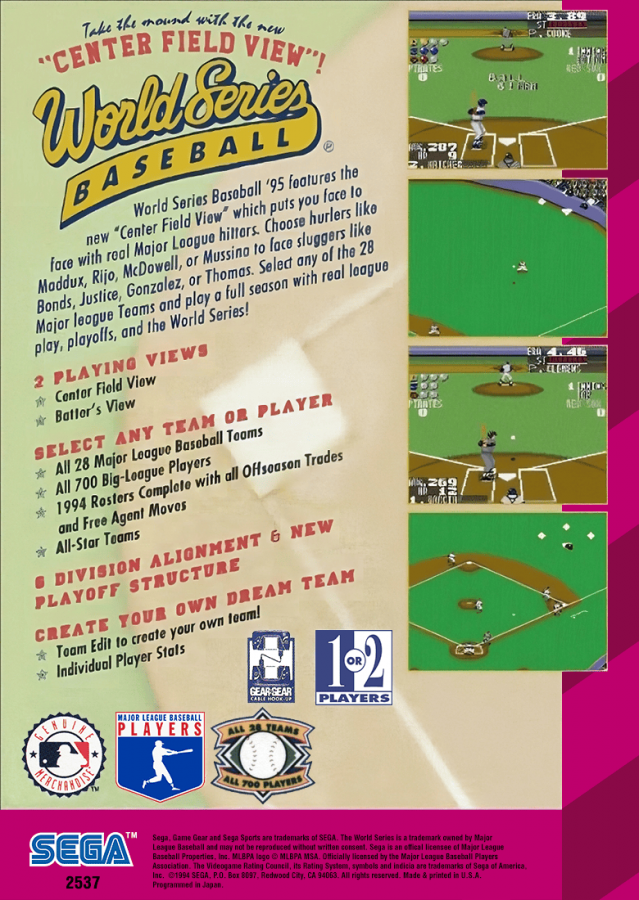 World Series Baseball 95 back cover art for Sega Game Gear (GG) video game