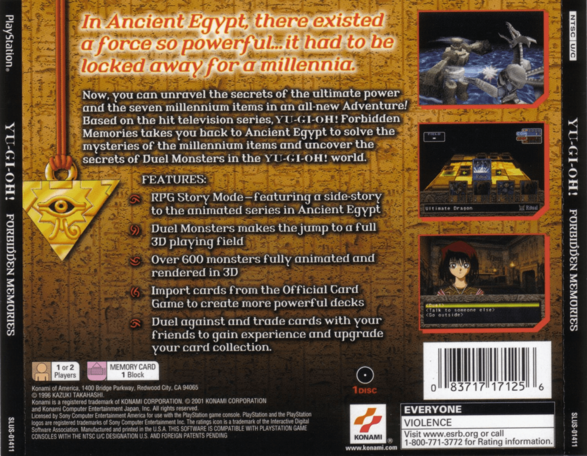 Yu-Gi-Oh! Forbidden Memories back of case for PlayStation 1 (PS1) card battle video game