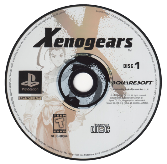 Xenogears for PlayStation 1 Japanese role playing game featuring turn based combat mech battles epic story anime inspired visuals and exploration gameplay disc 1
