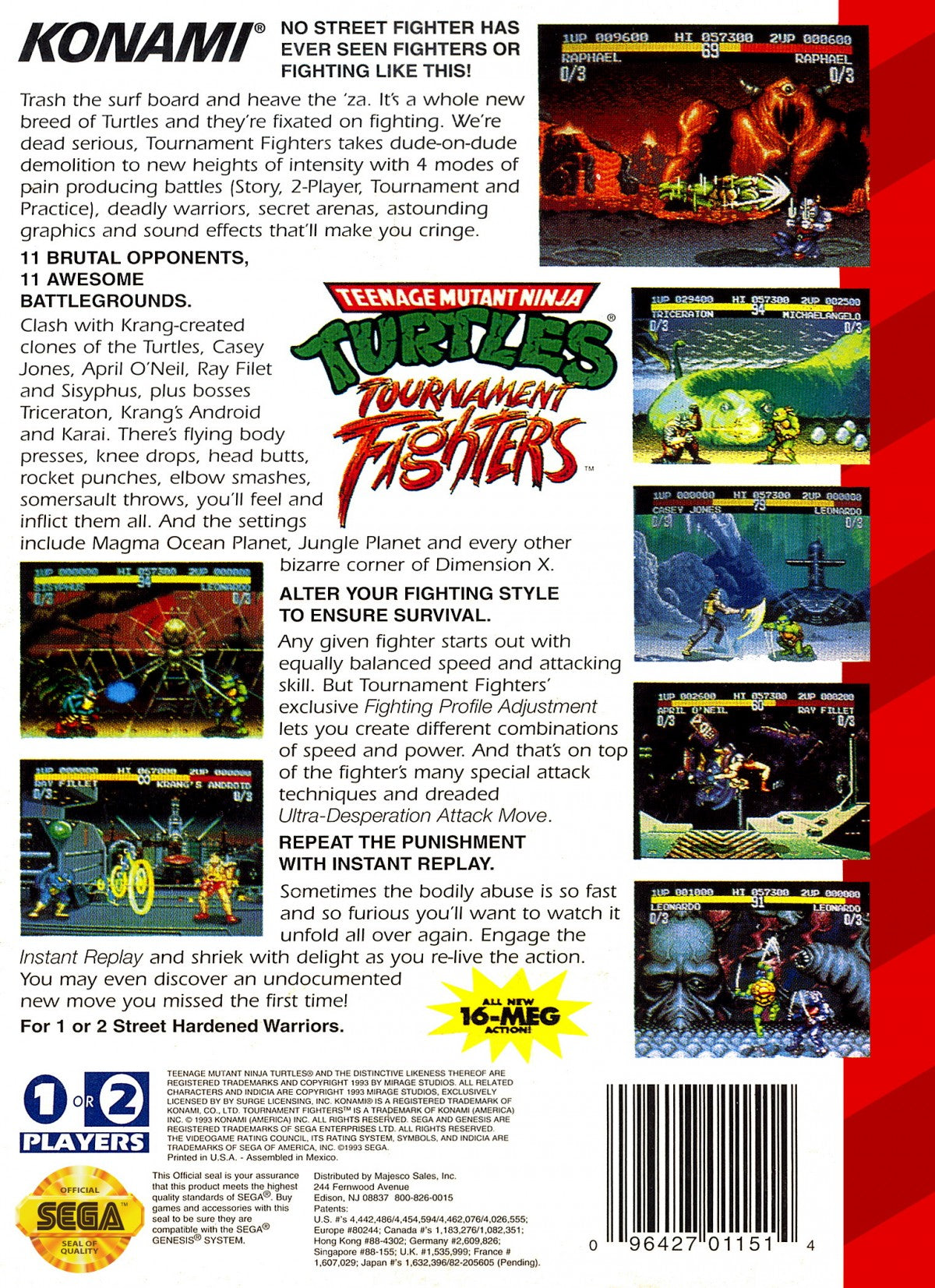 Teenage Mutant Ninja Turtles Tournament Fighters Sega Genesis retro video game fighting back of case (1993)