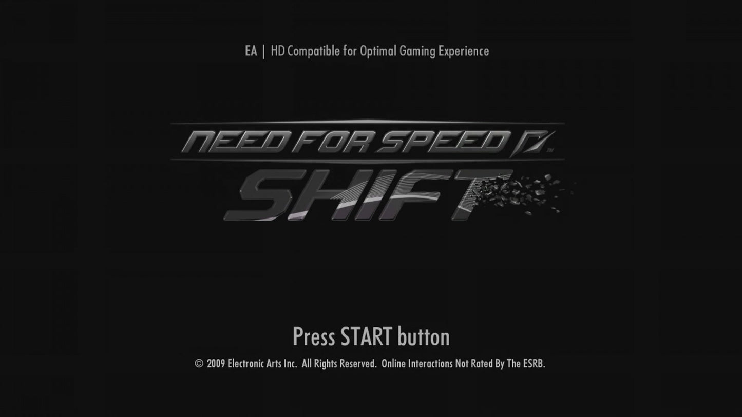 Need for Speed: Shift start screen for Xbox 360 (X360) simulation-style racing video game