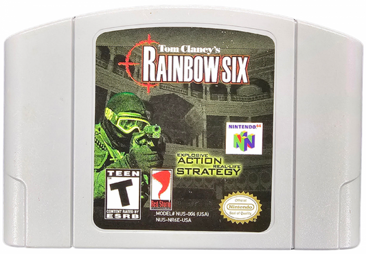 Tom Clancy's Rainbow Six Gray Cart Nintendo 64 N64 video game featuring tactical first person shooter gameplay counter terrorism missions strategic planning weapon combat team based operations hostage rescue objectives and classic 64 bit Nintendo gameplay retro video game collection collectible gaming appeal game cartridge