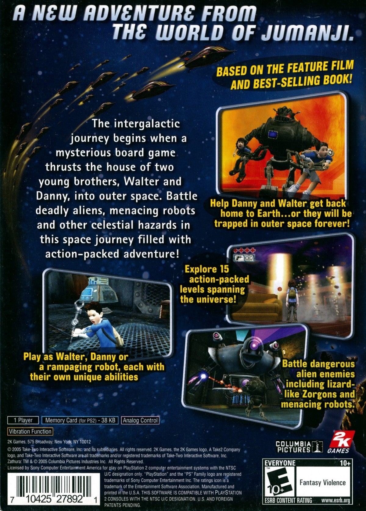 Zathura PS2 Sony PlayStation 2 action adventure game movie tie in space adventure board game themed gameplay sci fi exploration puzzles combat kids family game High Voltage Software retro gaming PlayStation 2 software video game title back cover art