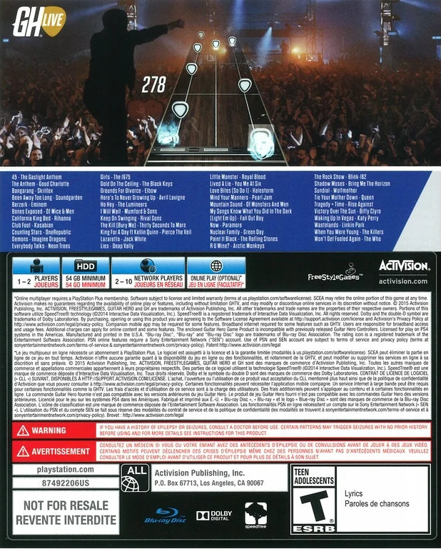 Guitar Hero Live Xbox 360 rhythm music video game franchise reboot redesigned 6-button guitar controller GH Live first-person FMV concert crowds reactive audience GHTV playable music video network streaming song library competitive leaderboards back cover