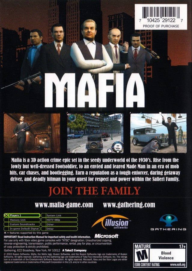 Mafia Xbox video game, open-world action adventure, crime drama storyline, third-person shooter gameplay, classic console title back cover